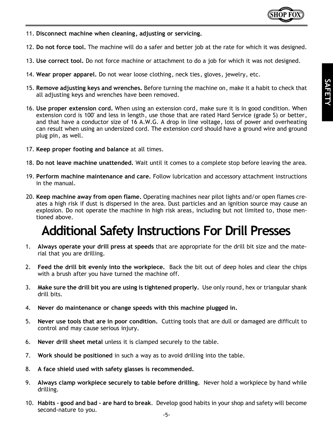 Woodstock W1680 instruction manual Additional Safety Instructions For Drill Presses 