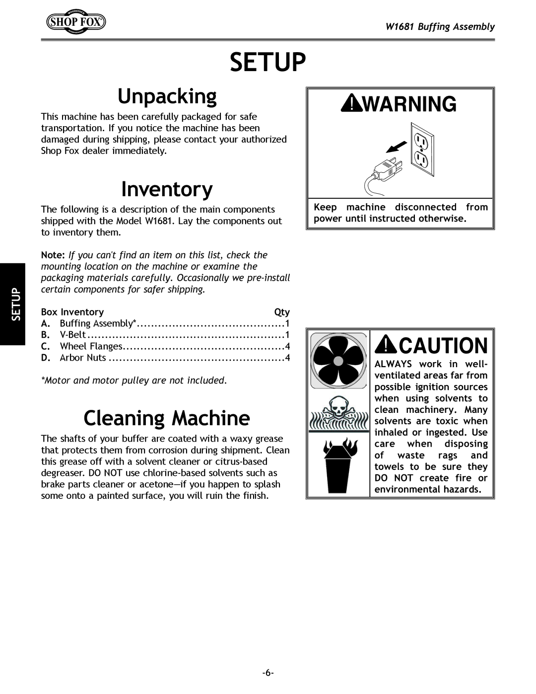 Woodstock W1681 owner manual Setup, Unpacking, Inventory, Cleaning Machine 