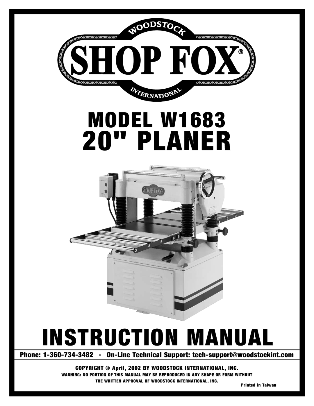 Woodstock W1683 instruction manual Planer 