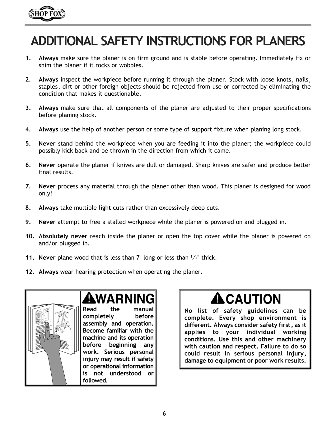 Woodstock W1683 instruction manual Additional Safety Instructions for Planers, Read the manual 