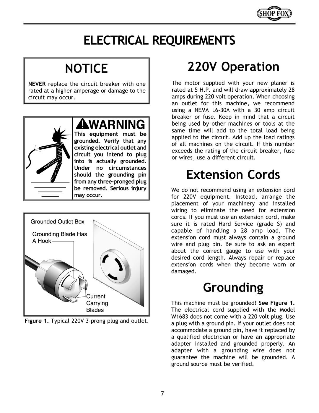 Woodstock W1683 instruction manual Electrical Requirements, 220V Operation, Extension Cords, Grounding 