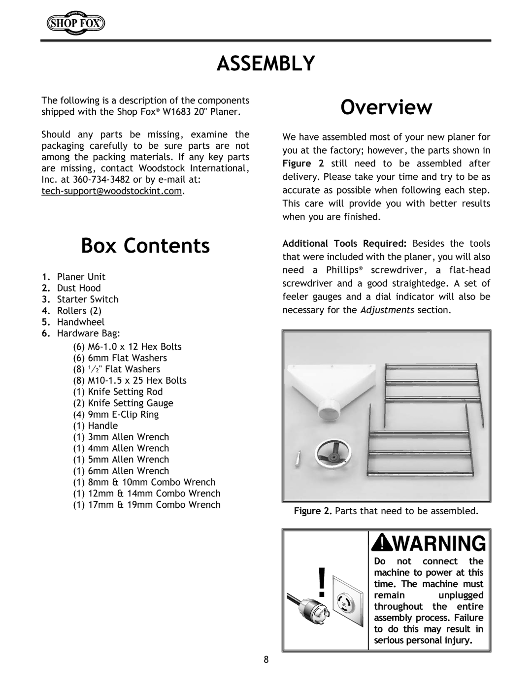 Woodstock W1683 instruction manual Assembly, Overview, Box Contents 