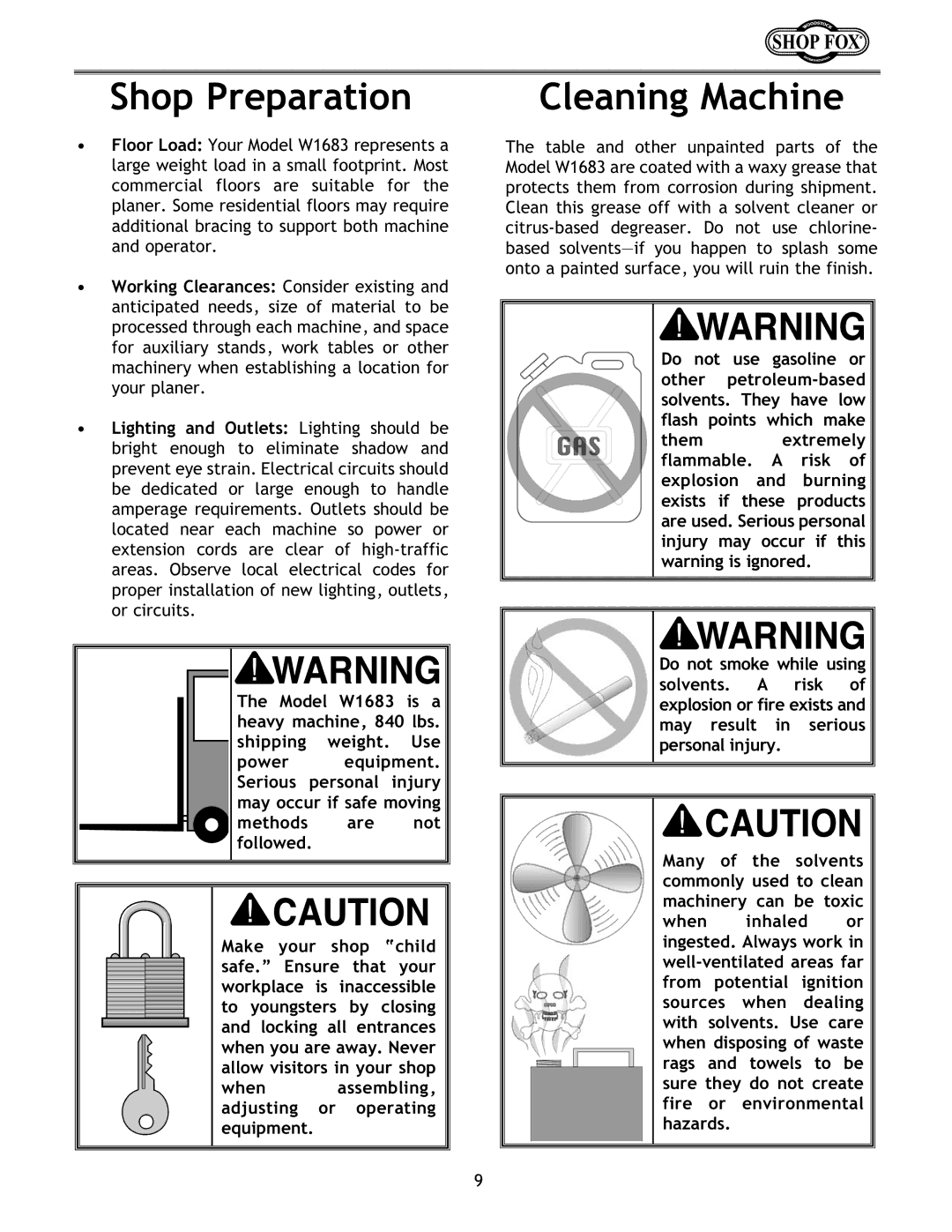 Woodstock W1683 instruction manual Shop Preparation Cleaning Machine, When assembling, adjusting or operating equipment 