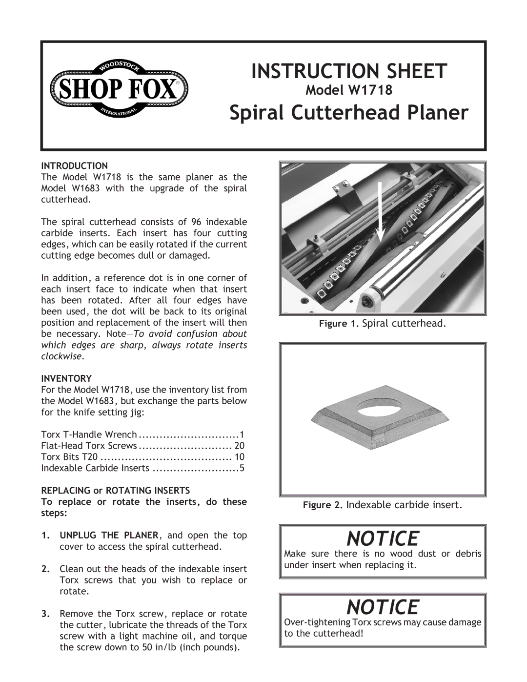 Woodstock W1683 instruction manual Instruction Sheet, Spiral Cutterhead Planer 