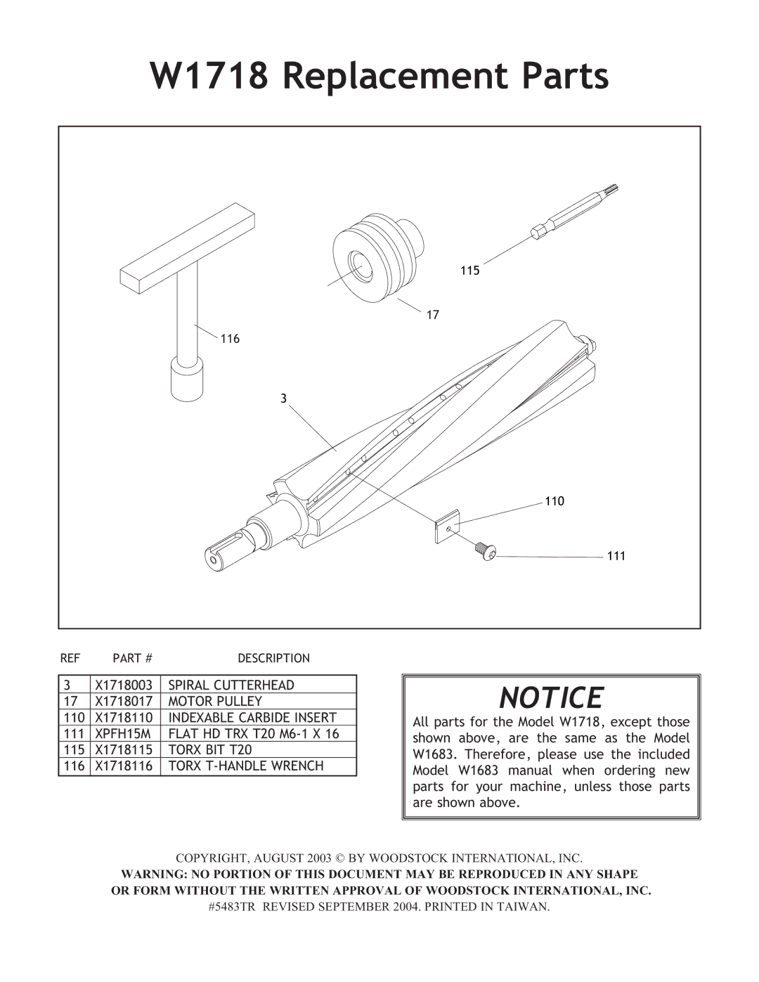 Woodstock W1683 instruction manual W1718 Replacement Parts 