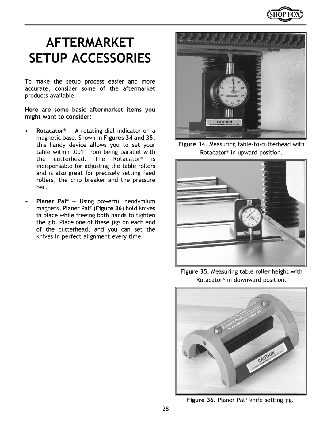 Woodstock W1683 instruction manual Aftermarket Setup Accessories, Planer Pal knife setting jig 