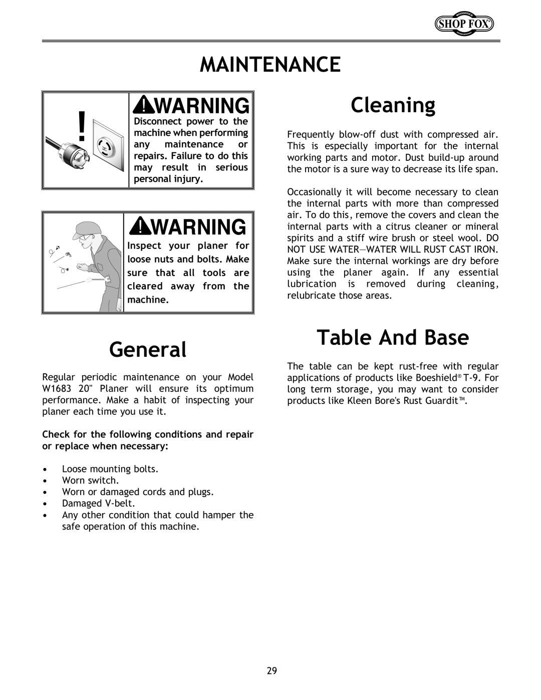 Woodstock W1683 instruction manual Maintenance, Cleaning, General, Table And Base 