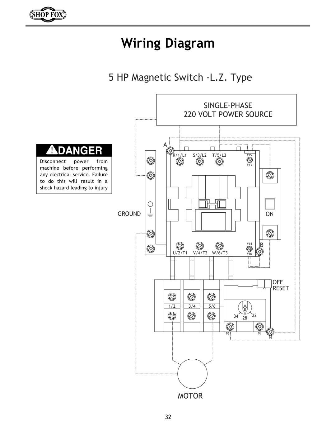 Woodstock W1683 instruction manual Wiring Diagram, HP Magnetic Switch -L.Z. Type 