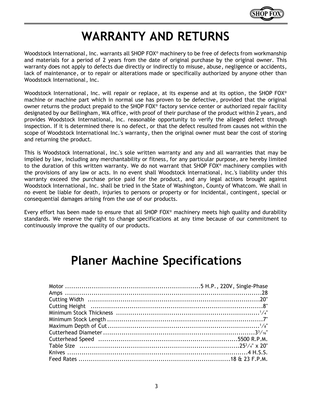 Woodstock W1683 instruction manual Warranty and Returns, Planer Machine Specifications 