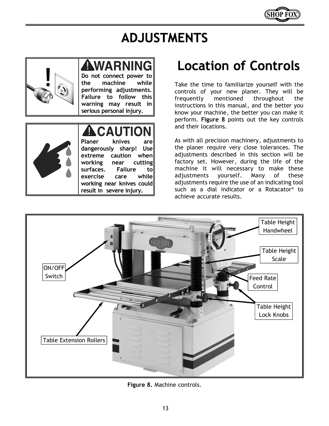 Woodstock W1683 instruction manual Adjustments, Location of Controls 