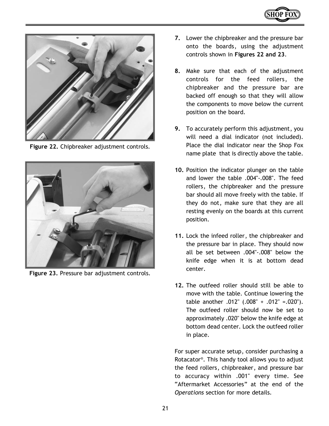 Woodstock W1683 instruction manual Chipbreaker adjustment controls, Pressure bar adjustment controls 