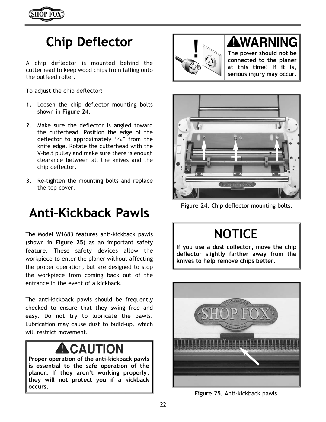 Woodstock W1683 instruction manual Chip Deflector, Anti-Kickback Pawls 