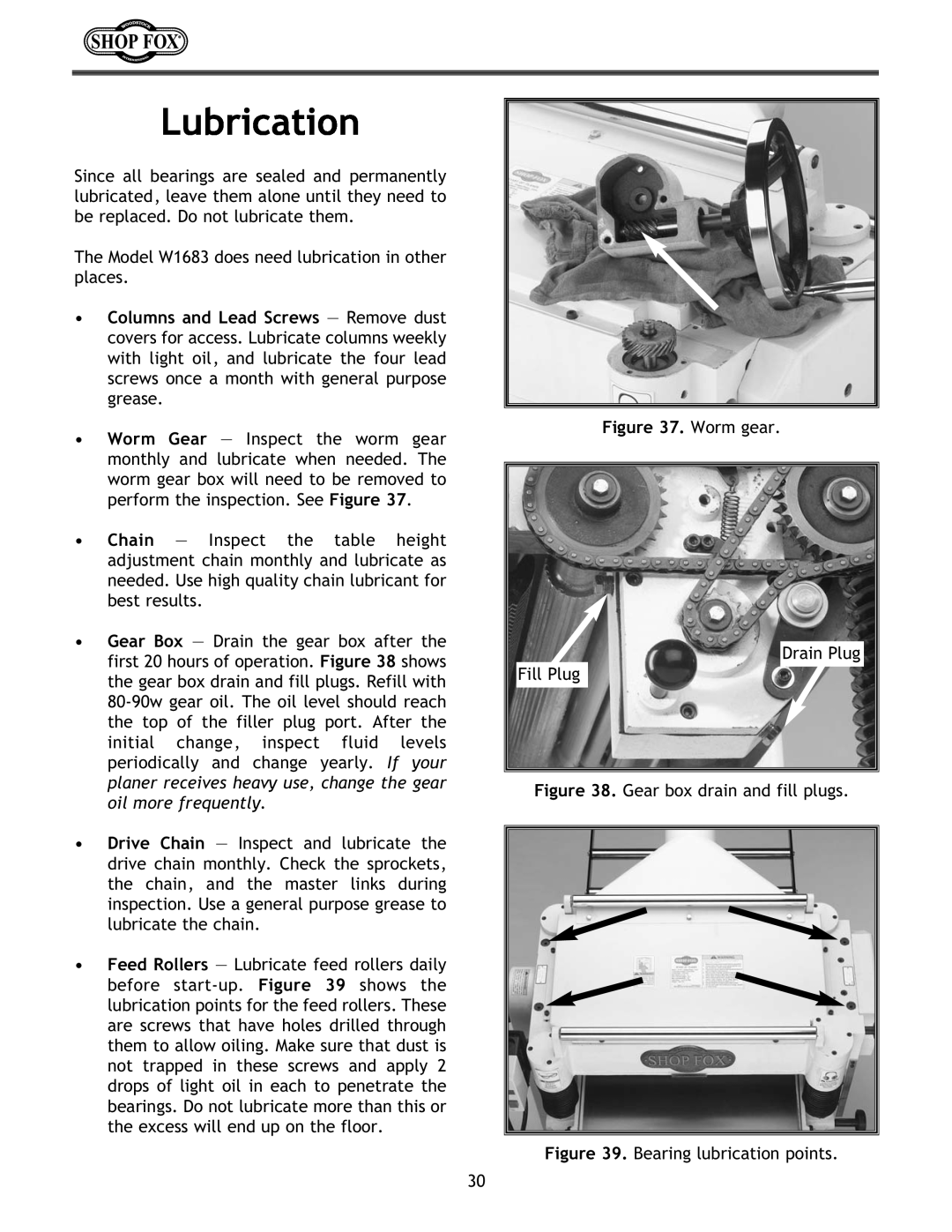 Woodstock W1683 instruction manual Lubrication, Worm gear 