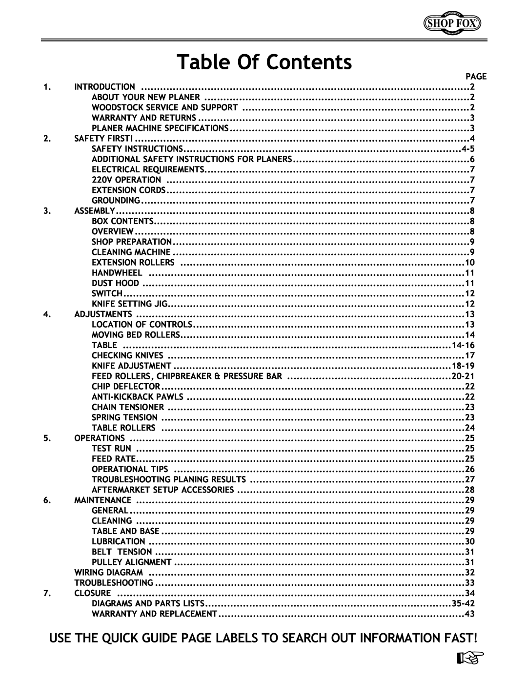 Woodstock W1683 Table Of Contents, Use The Quick Guide Page Labels To Search Out Information Fast, Introduction, Grounding 