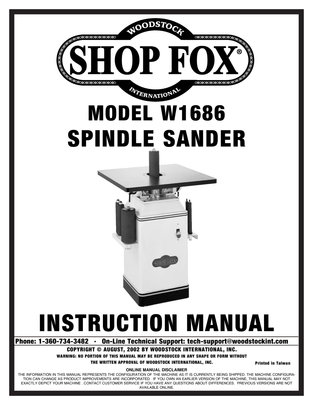 Woodstock W1686 instruction manual Spindle Sander 