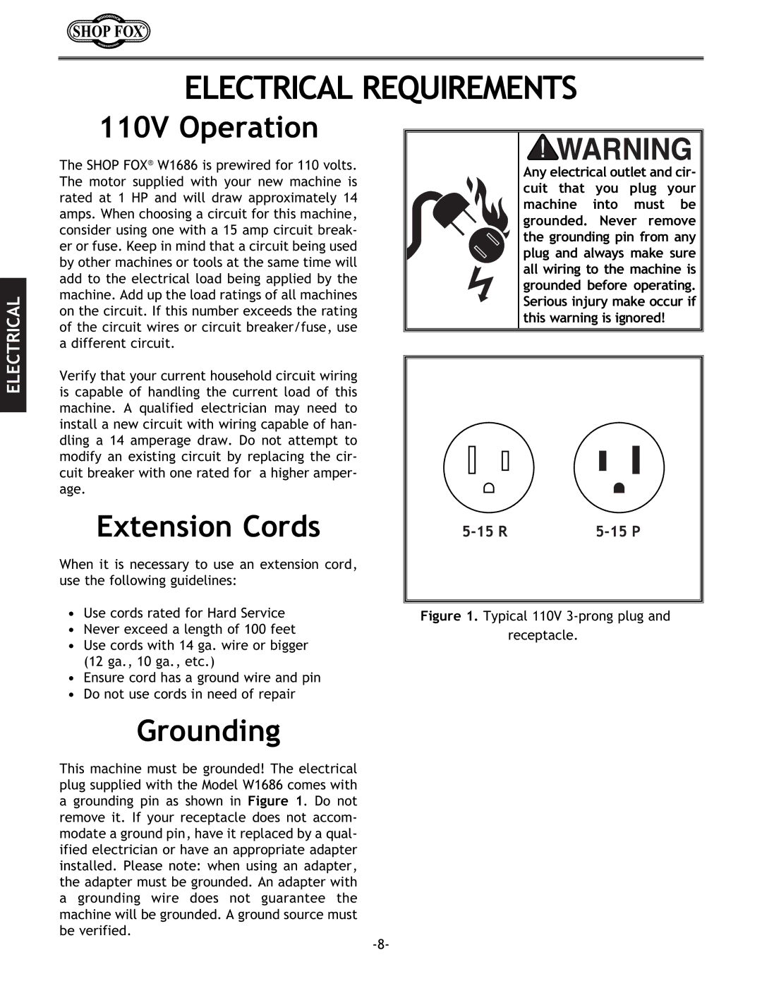 Woodstock W1686 instruction manual Electrical Requirements, 110V Operation, Extension Cords, Grounding 