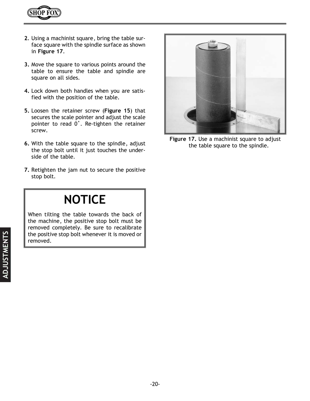 Woodstock W1686 instruction manual Adjustments 