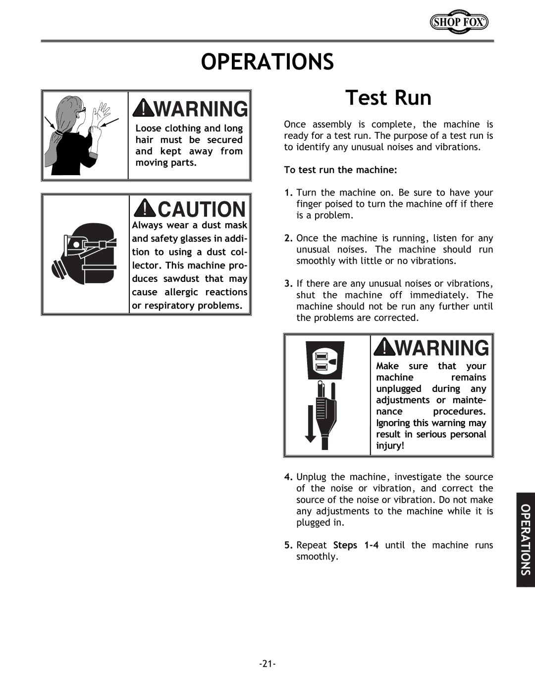 Woodstock W1686 instruction manual Operations, Test Run, To test run the machine 