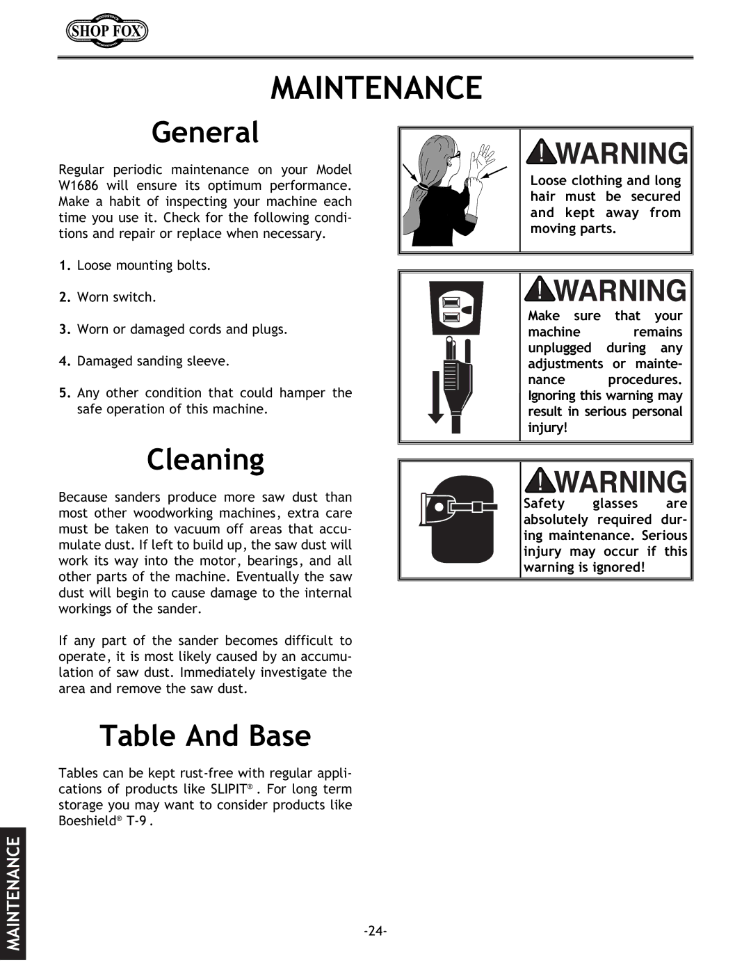 Woodstock W1686 instruction manual Maintenance, Cleaning, Table And Base 