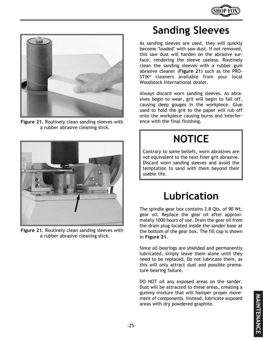 Woodstock W1686 instruction manual Sanding Sleeves, Lubrication 