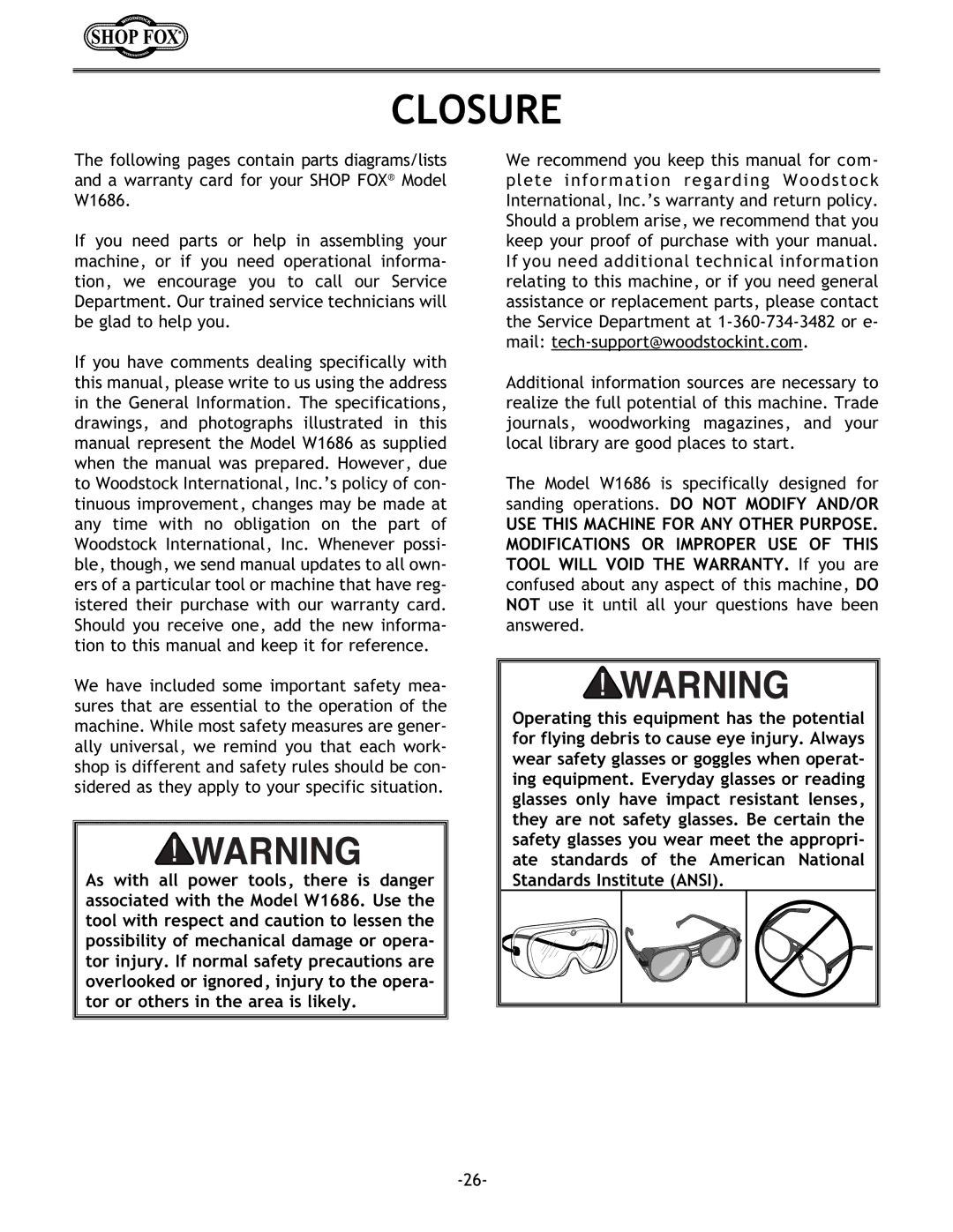 Woodstock W1686 instruction manual Closure 