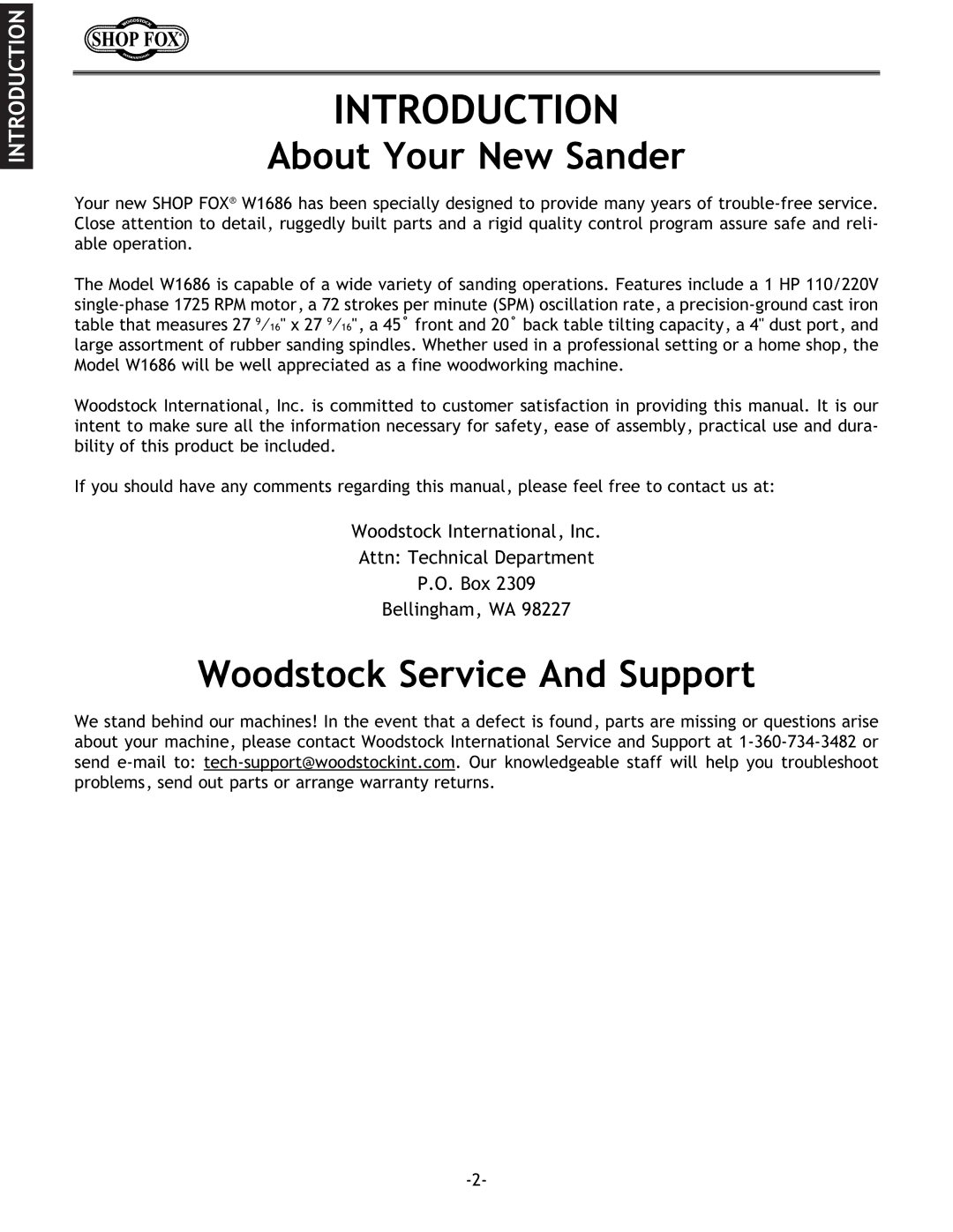 Woodstock W1686 instruction manual Introduction, About Your New Sander, Woodstock Service And Support 