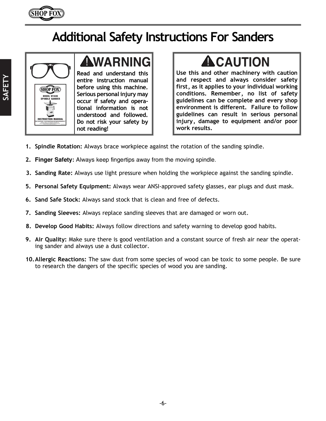 Woodstock W1686 instruction manual Additional Safety Instructions For Sanders, Spindle Sander 