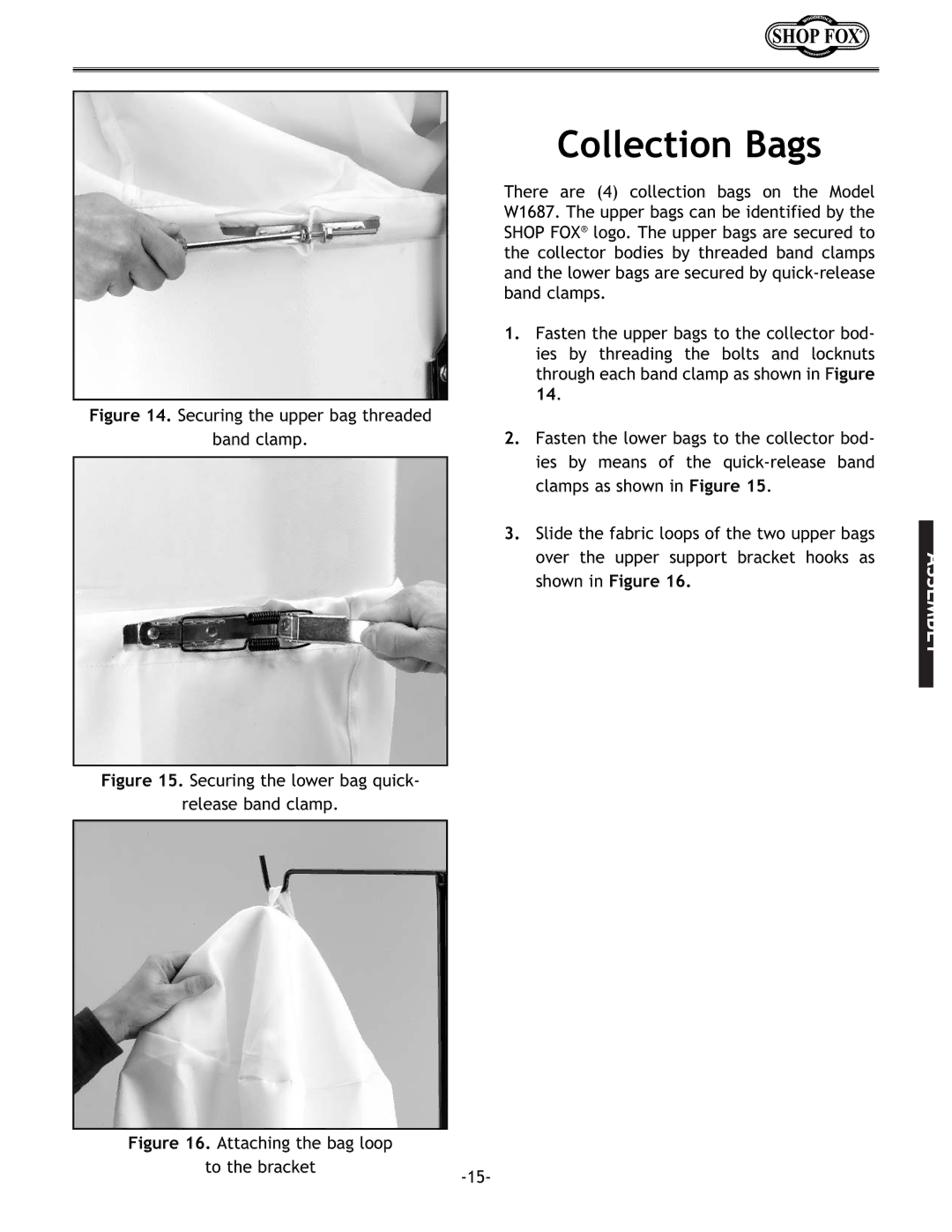 Woodstock W1687 instruction manual Collection Bags, Securing the upper bag threaded Band clamp 