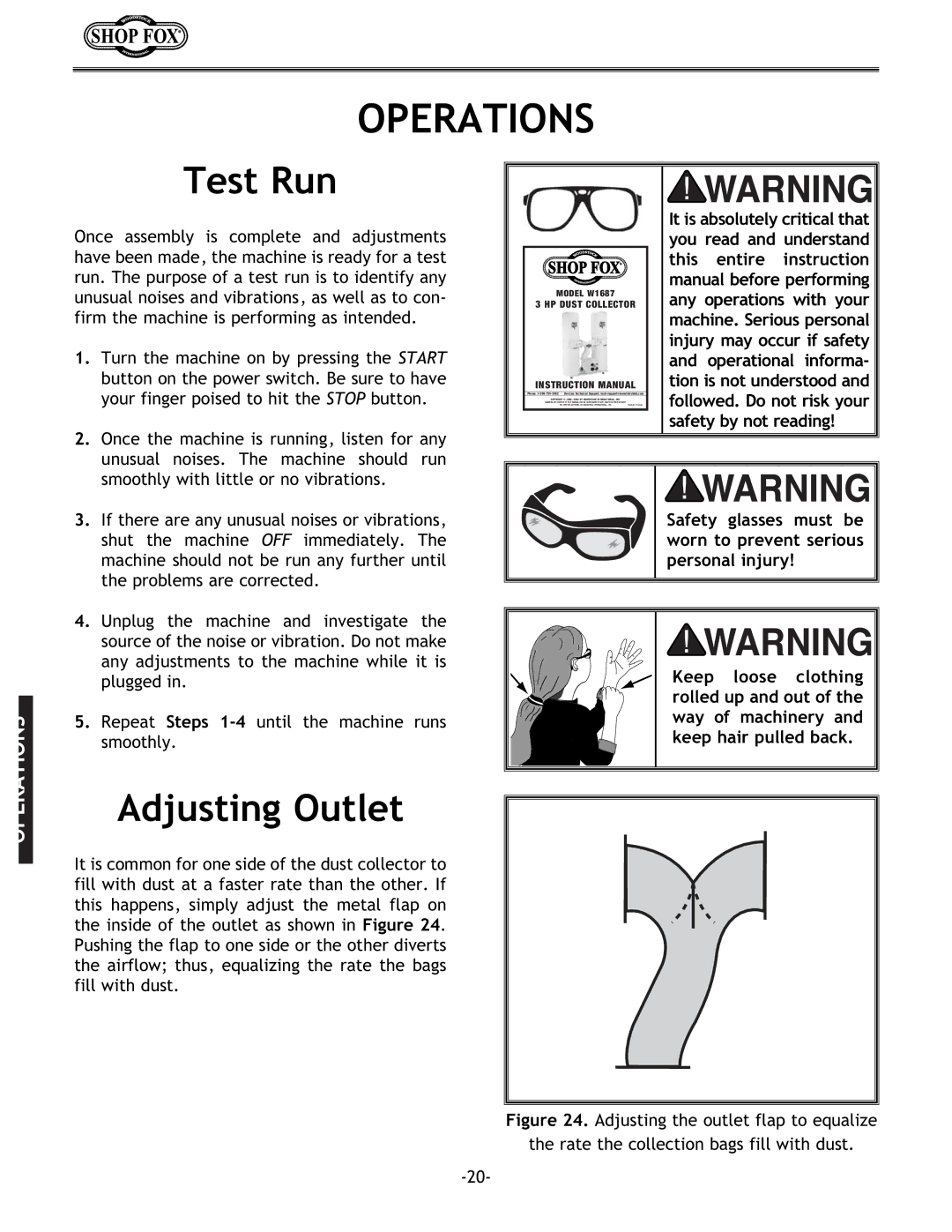 Woodstock W1687 instruction manual Operations, Test Run, Adjusting Outlet 