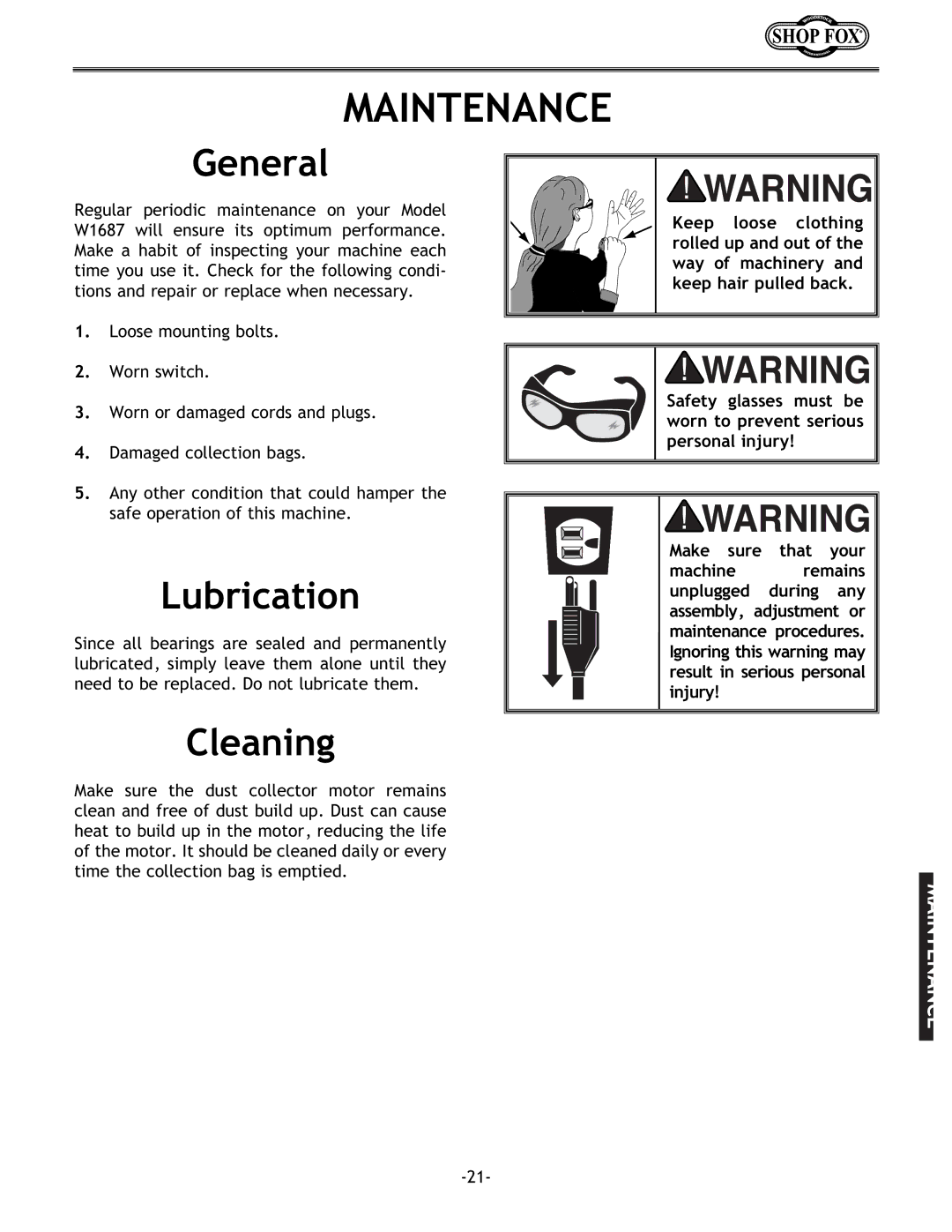 Woodstock W1687 instruction manual Maintenance, Lubrication, Cleaning 