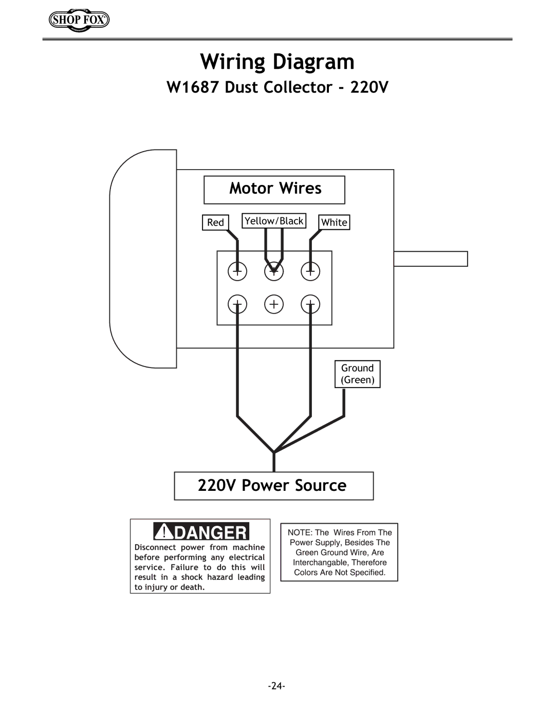 Woodstock W1687 instruction manual Wiring Diagram, 220V Power Source 