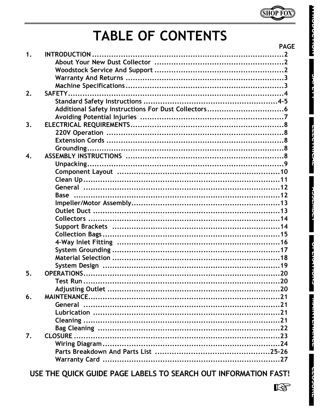 Woodstock W1687 instruction manual Table of Contents 