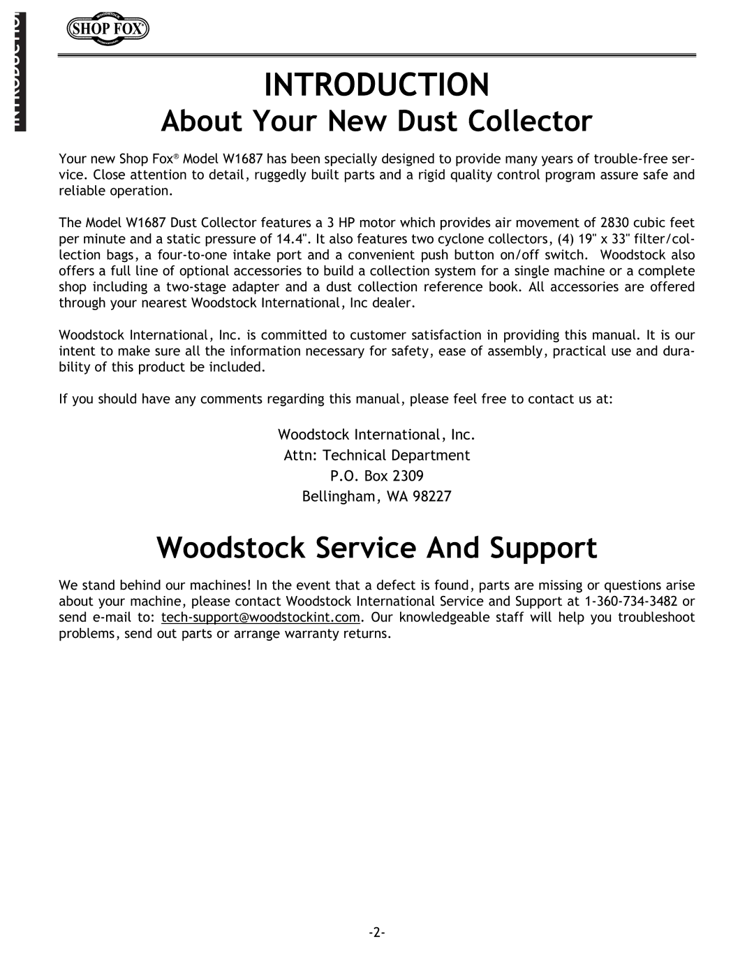 Woodstock W1687 instruction manual Introduction, About Your New Dust Collector, Woodstock Service And Support 