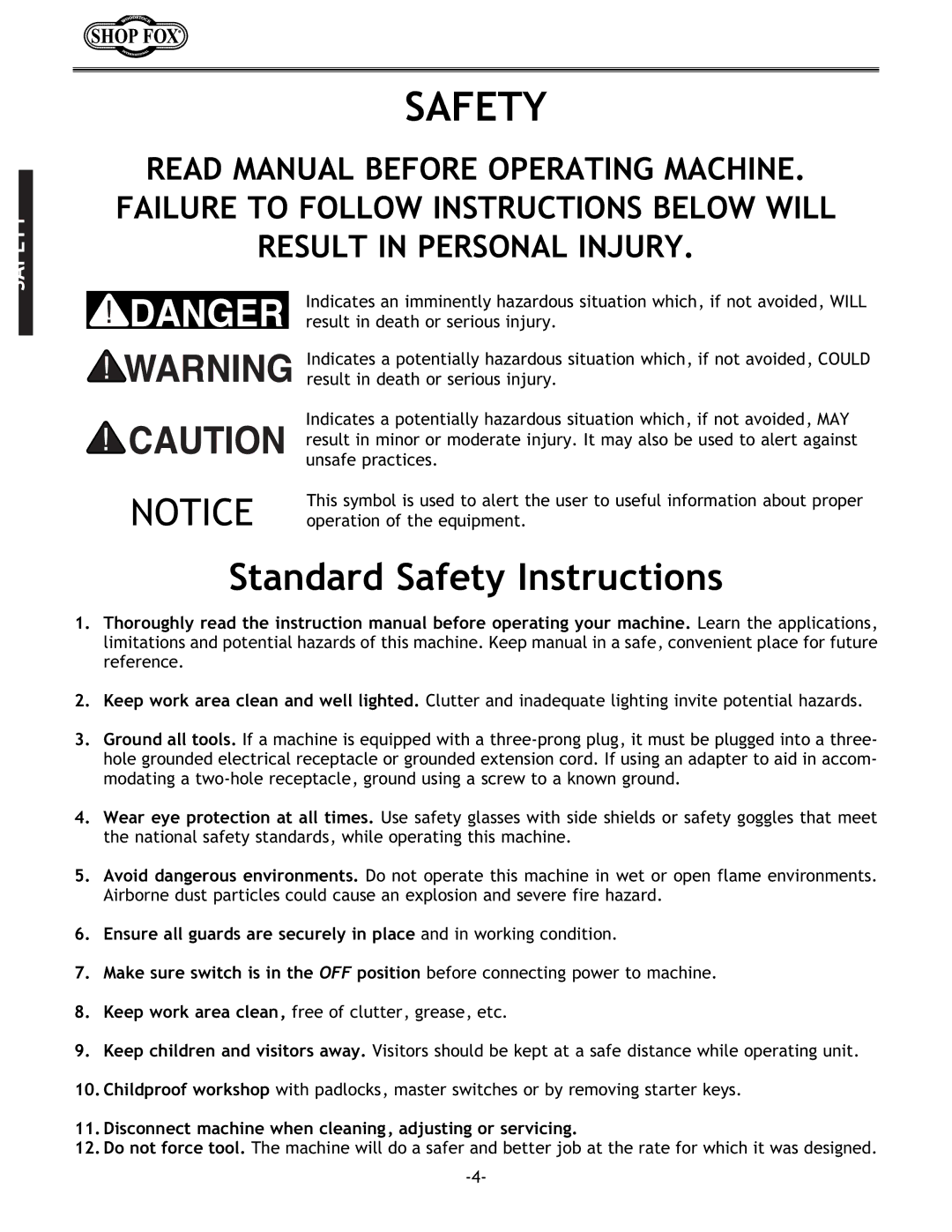 Woodstock W1687 instruction manual Standard Safety Instructions 