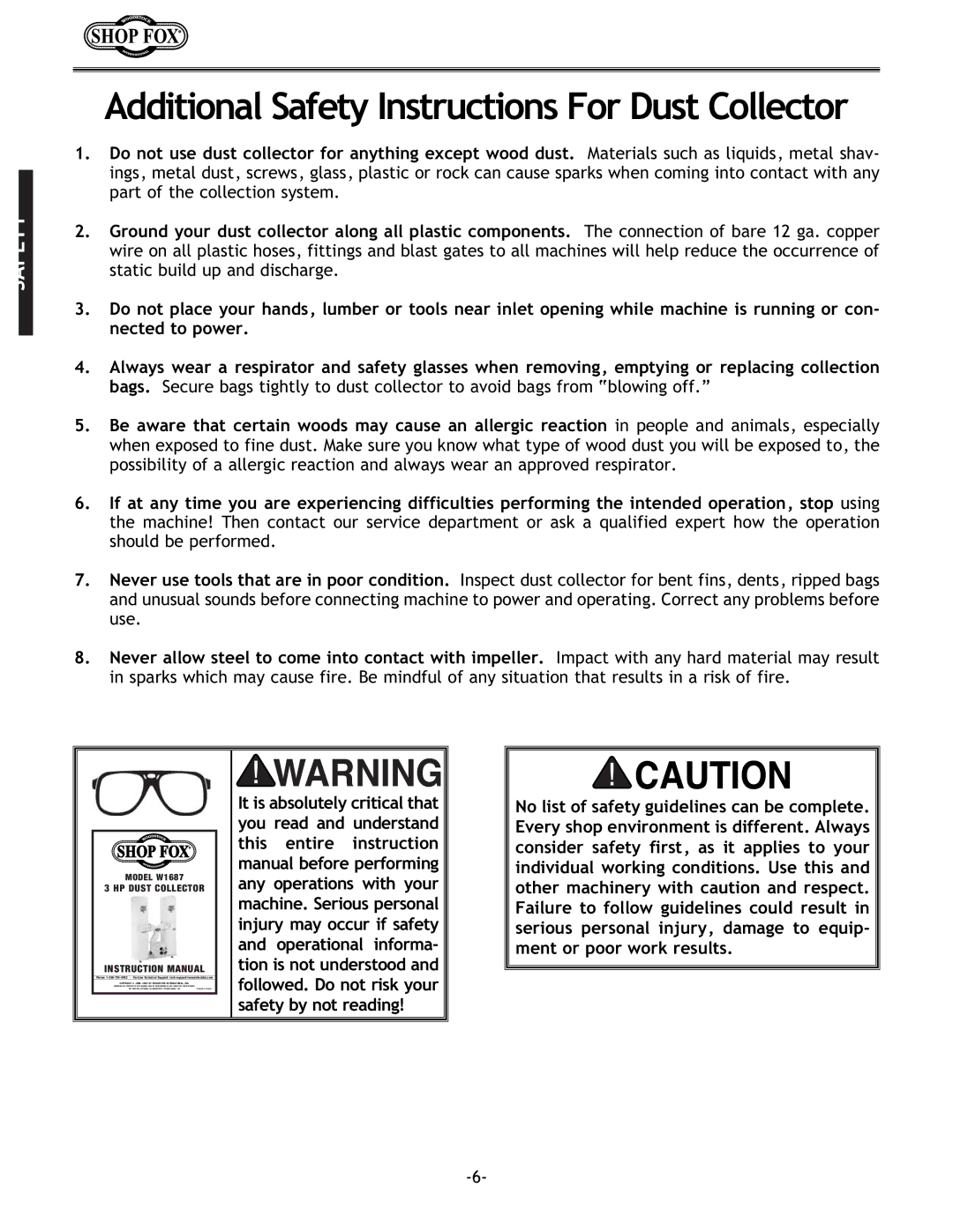 Woodstock W1687 instruction manual Additional Safety Instructions For Dust Collector, HP Dust Collector 