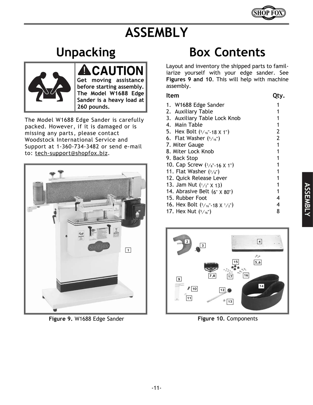 Woodstock W1688 instruction manual Assembly, Unpacking, Box Contents 