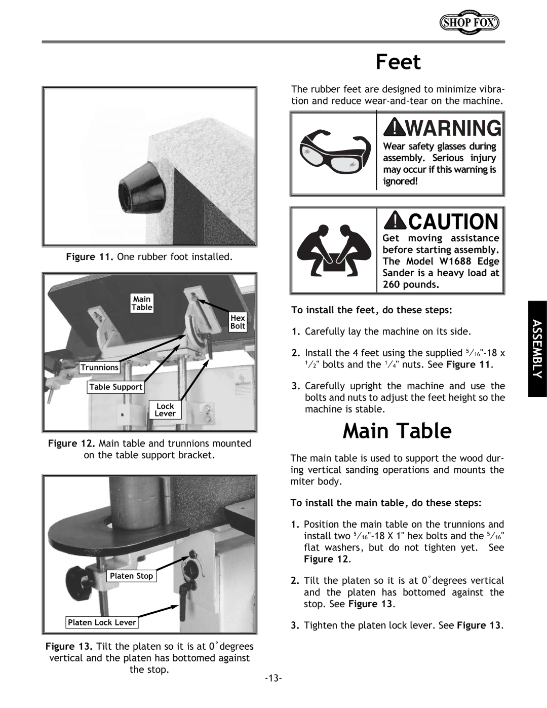 Woodstock W1688 instruction manual Feet, Main Table, To install the main table, do these steps 