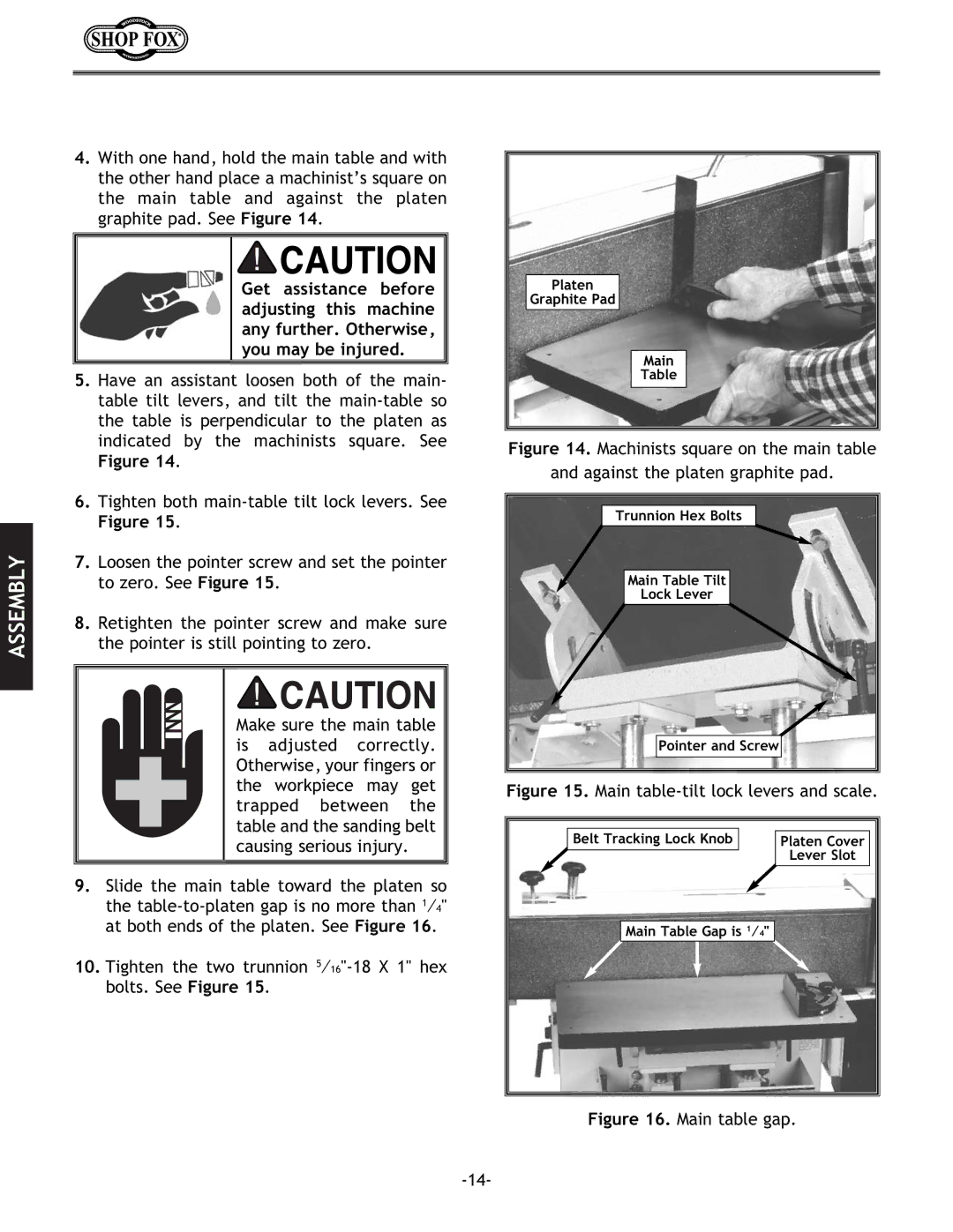 Woodstock W1688 instruction manual Main table-tilt lock levers and scale 