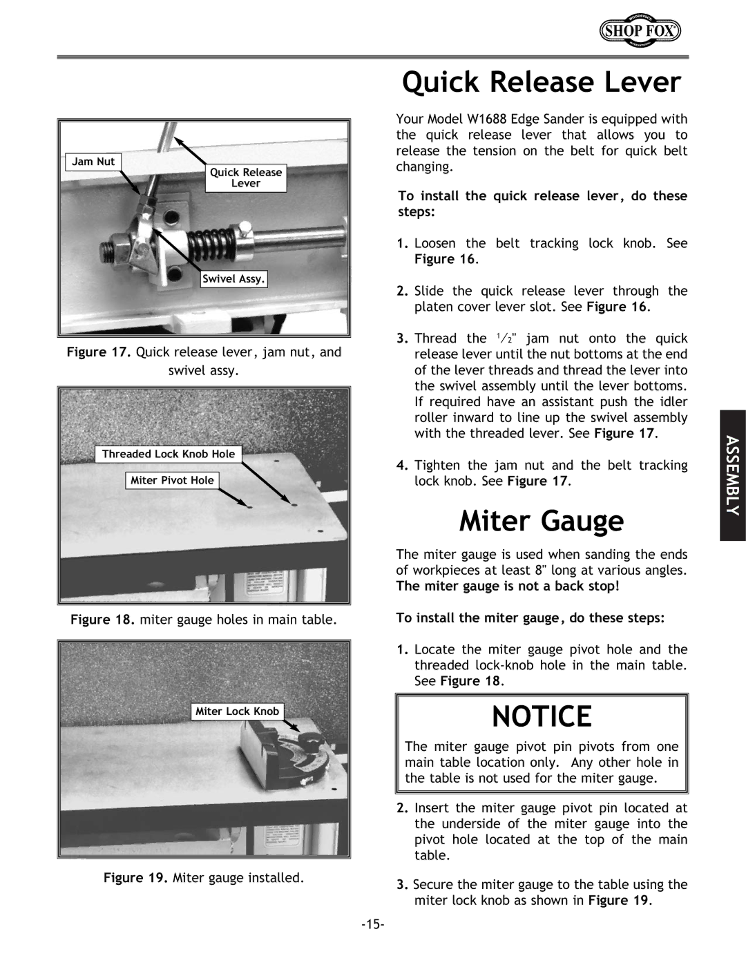 Woodstock W1688 instruction manual Quick Release Lever, Miter Gauge, To install the quick release lever, do these steps 