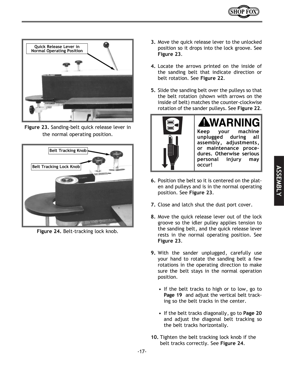 Woodstock W1688 instruction manual Sanding-belt quick release lever Normal operating position 