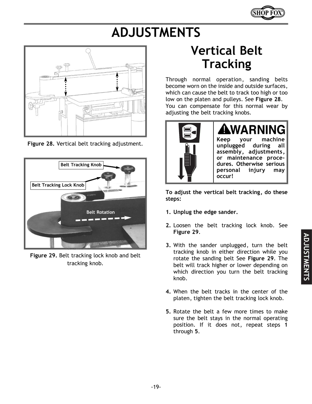 Woodstock W1688 instruction manual Adjustments, Vertical Belt Tracking 