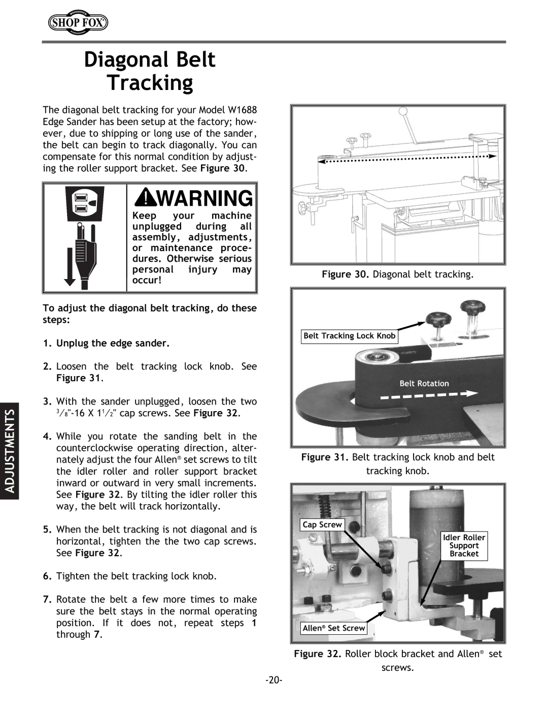 Woodstock W1688 instruction manual Diagonal Belt Tracking, Diagonal belt tracking 