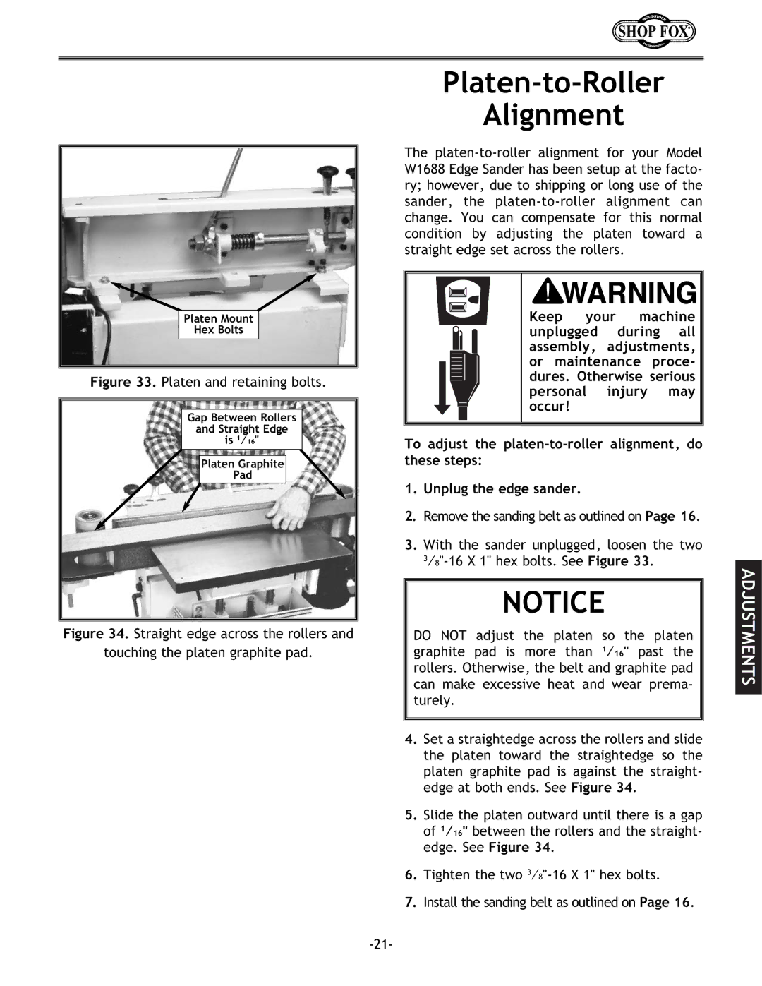 Woodstock W1688 instruction manual Platen-to-Roller Alignment, Platen and retaining bolts 