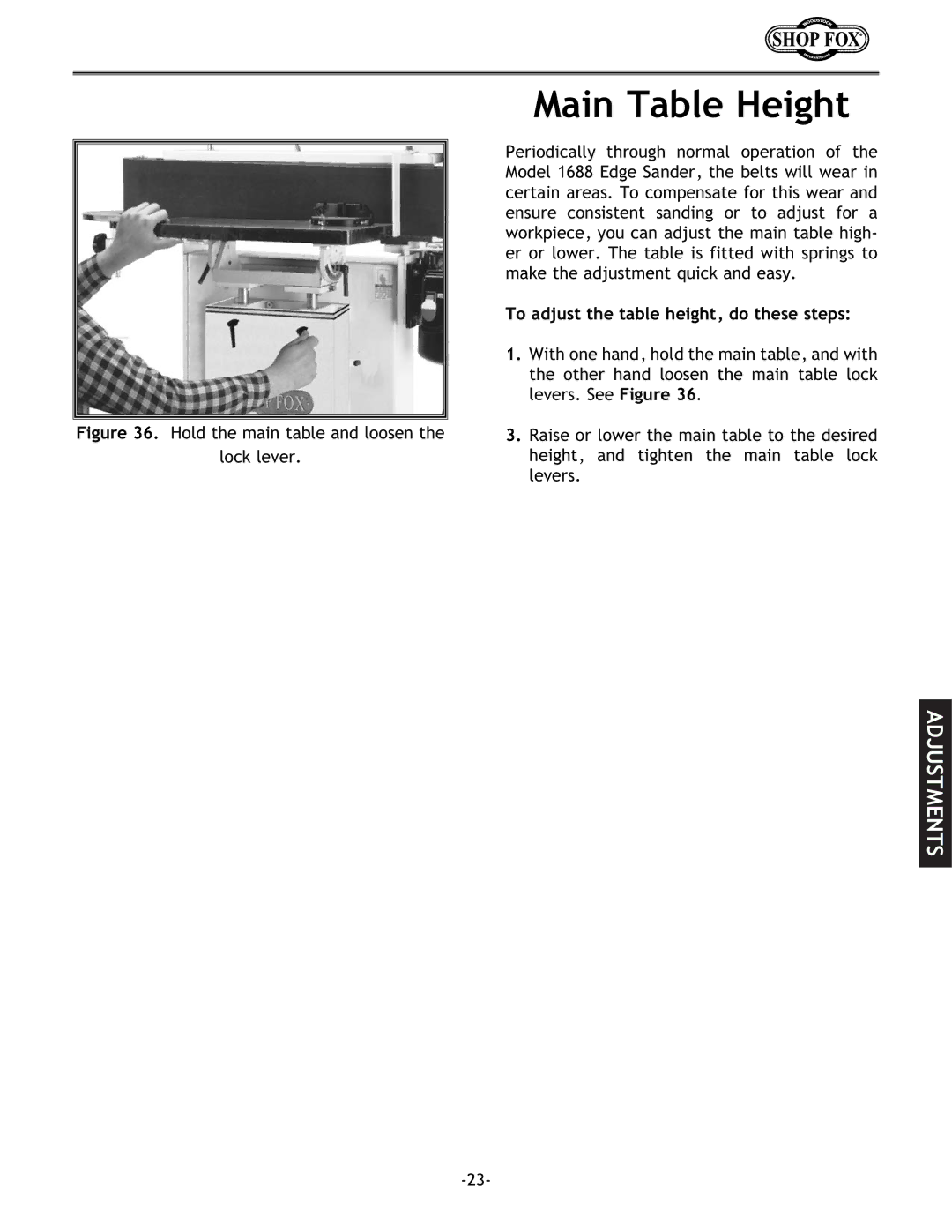 Woodstock W1688 instruction manual Main Table Height, To adjust the table height, do these steps 