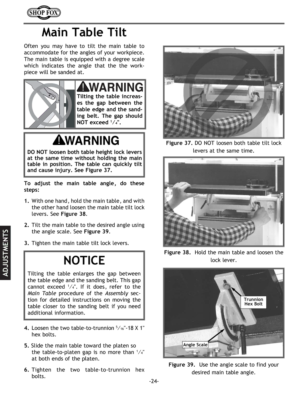 Woodstock W1688 instruction manual Main Table Tilt, Do not loosen both table tilt lock Levers at the same time 