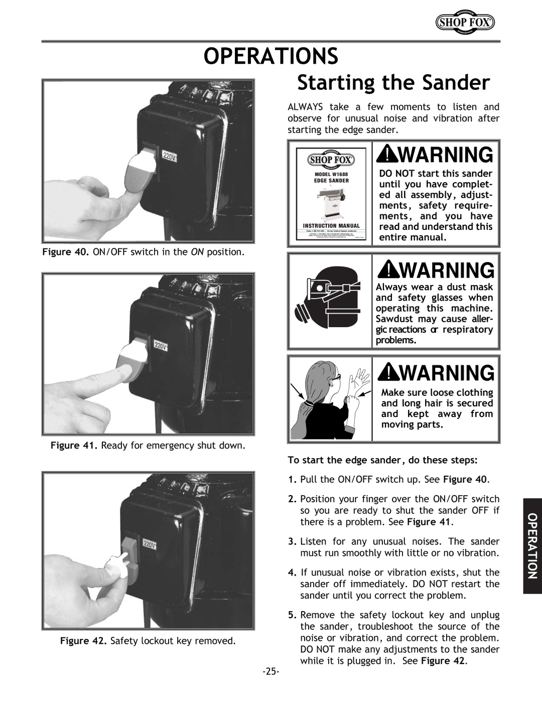 Woodstock W1688 instruction manual Operations, Starting the Sander 