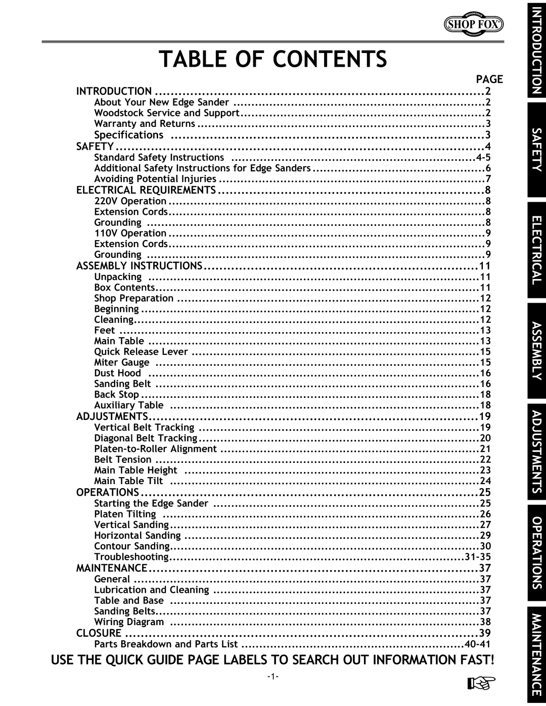 Woodstock W1688 instruction manual Table of Contents 