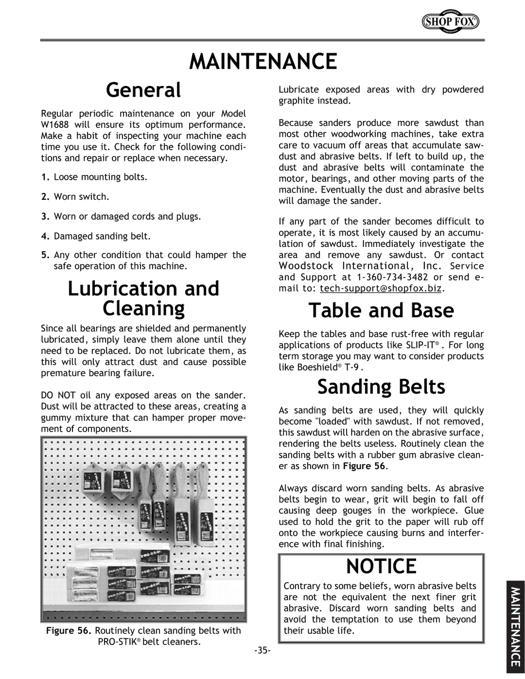 Woodstock W1688 instruction manual Maintenance, General, Lubrication Cleaning, Table and Base, Sanding Belts 