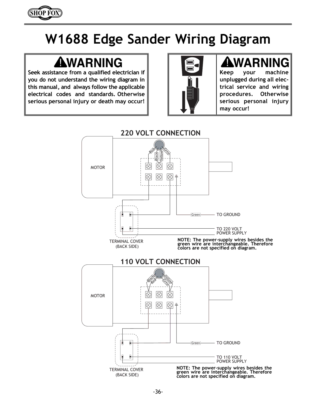 Woodstock instruction manual W1688 Edge Sander Wiring Diagram 