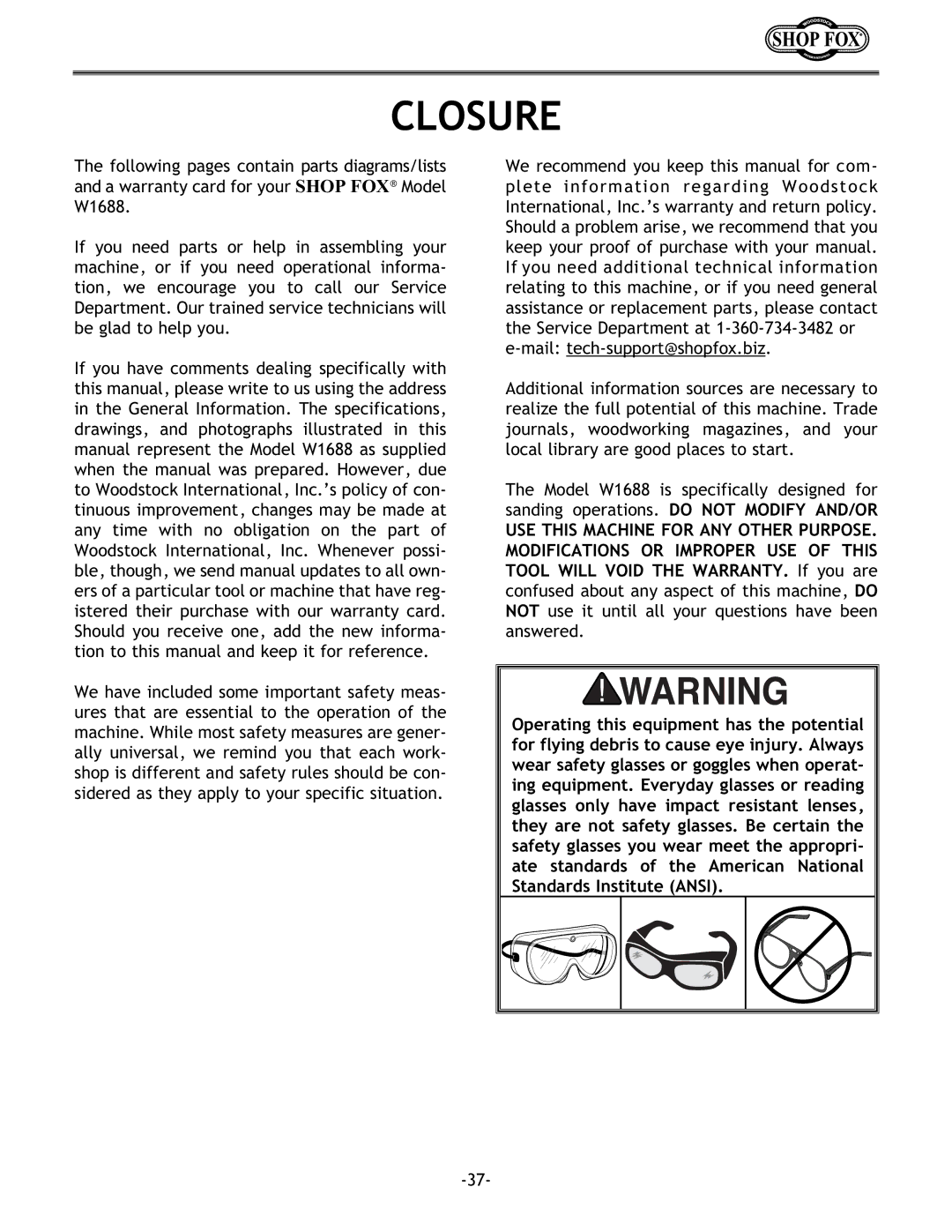 Woodstock W1688 instruction manual Closure 